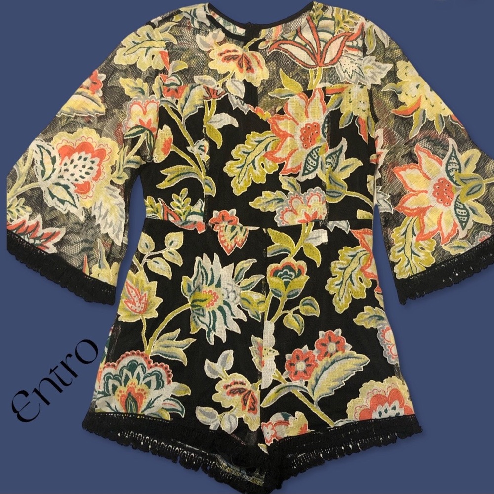 entro Black Floral Lace Romper with Yellow, Coral & Green Accents